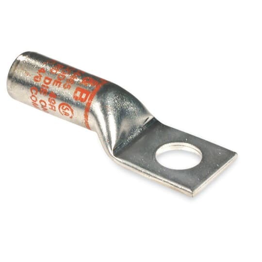 Copper One-Hole High Voltage Lug, Long Barrel, Blind End, Max 15kV, Wire Size 250 kcmil, 1/2 Inch Bolt Size, Tin Plated, Die Code 60R, Ruby Rounding