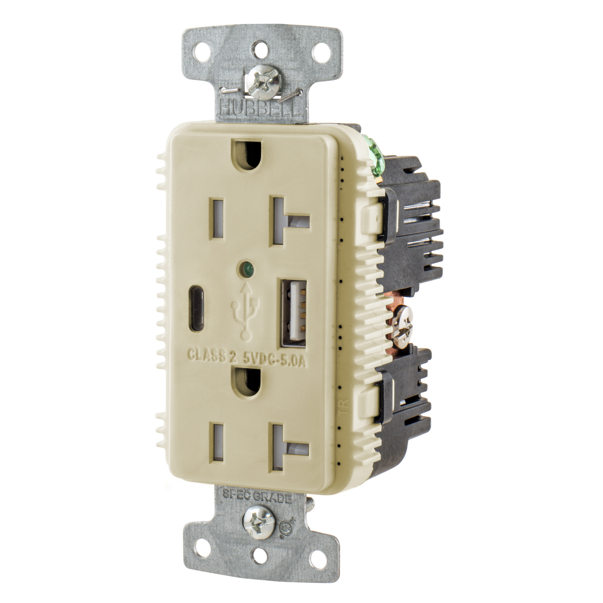 USB Charger Duplex Receptacle, 20A 125V,2-Pole 3-Wire Grounding, 5-20R, 1) 5A "C" USB and "A" Ports, Ivory