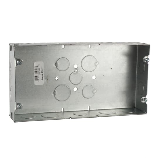 Three Gang Box, 65 Cubic Inches, 4-9/16 Inches Long x 8-3/4 Inches Wide x 1-13/16 Inches Deep, 1/2 Inch and 3/4 Inch Knockouts, Galvanized Steel, Welded Construction, For use with Conduit