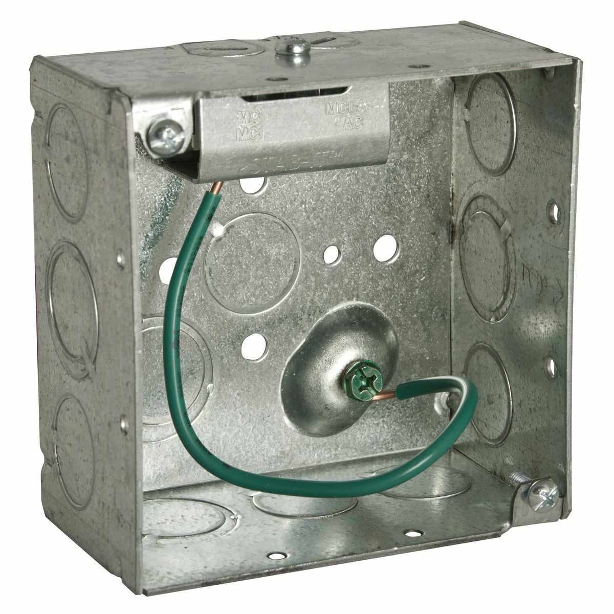 4 In. Square Box, 2-1/8 In. Deep - Welded with STAB-IT Connector, 600V,Raised Ground, 8" #12 Solid Copper Pigtail