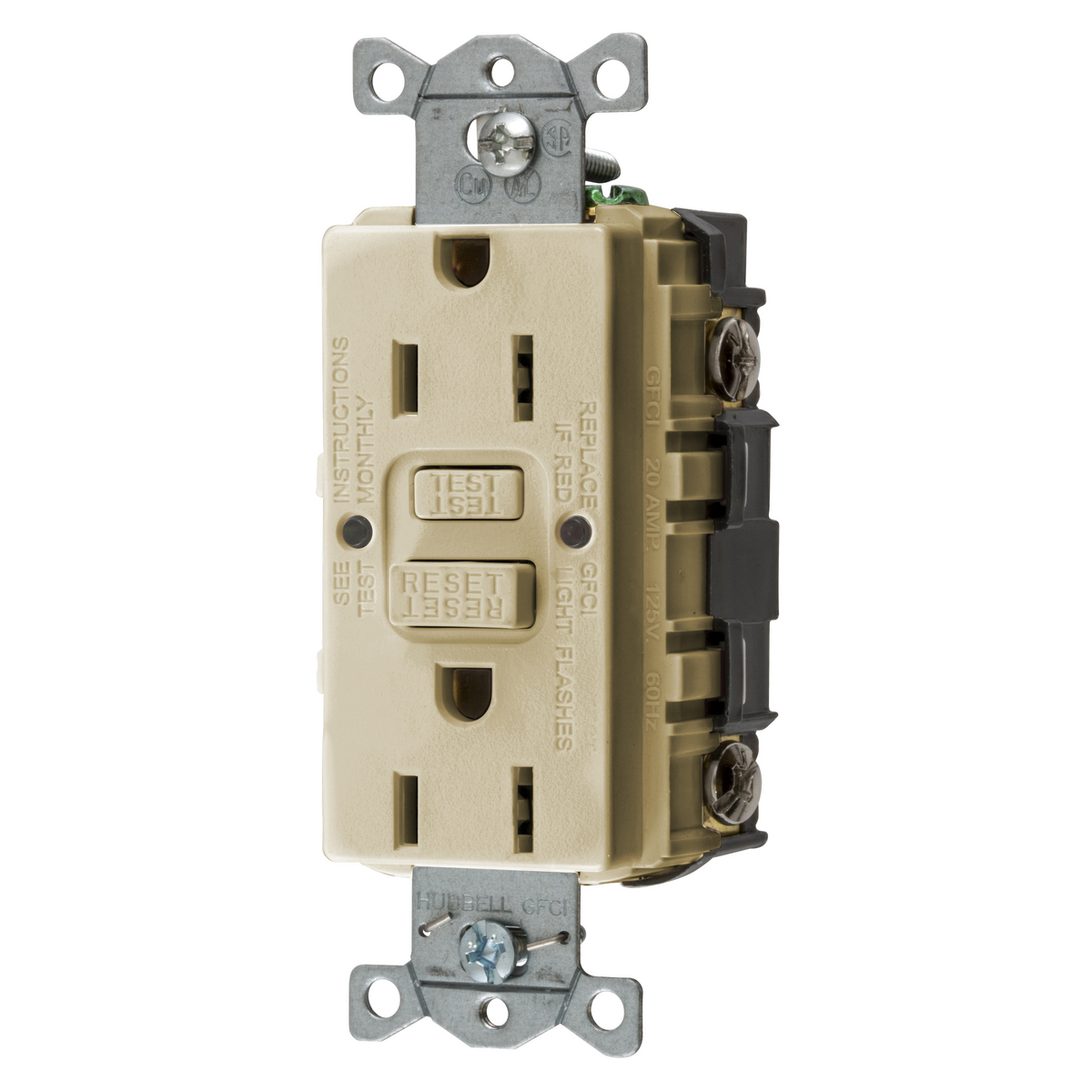 Straight Blade Devices, Receptacle, GFCI, Commercial Grade, Self Test, 15A 125V, 2-Pole 3-Wire Grounding, 5-15R, Gray, US Product.