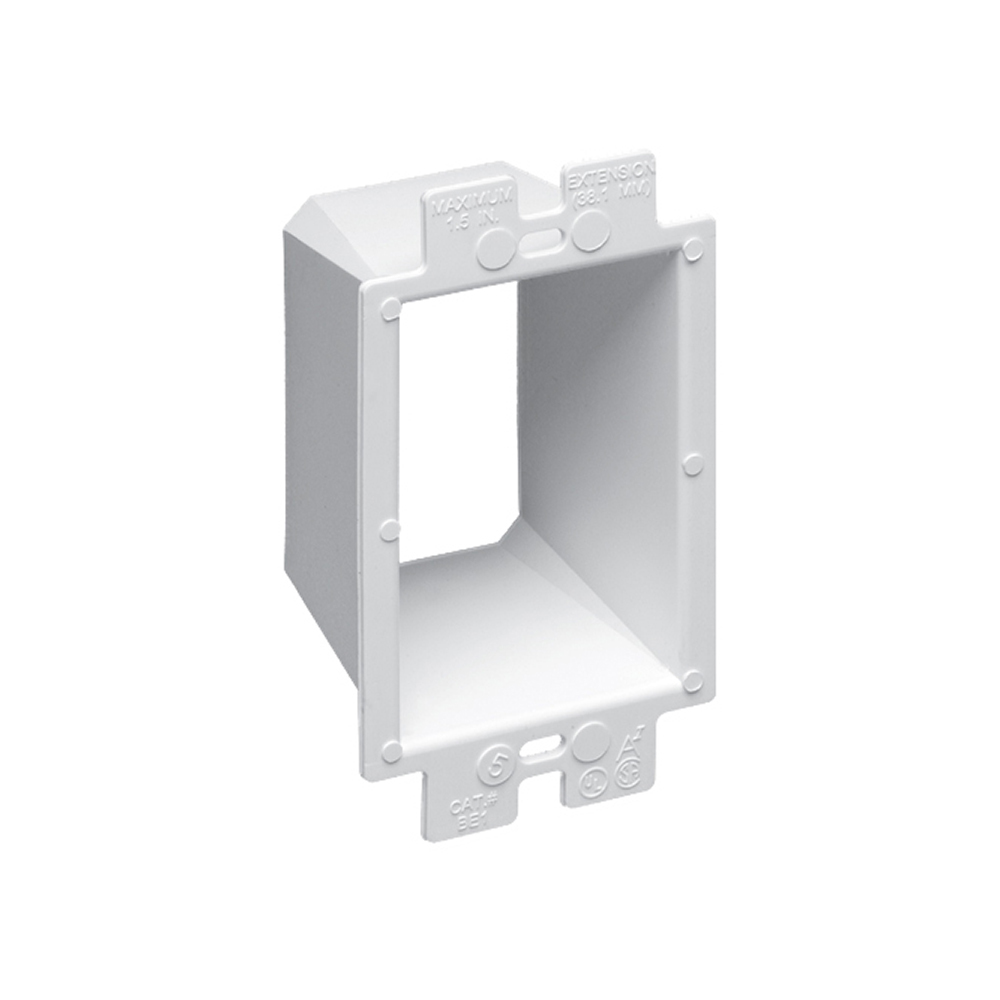 Box Extender, levels and supports the wiring device where the box is set back from the wall surface extends the box up to 1-1/2". 2 hour fire rating. Comes with two #6 x 2 screws.