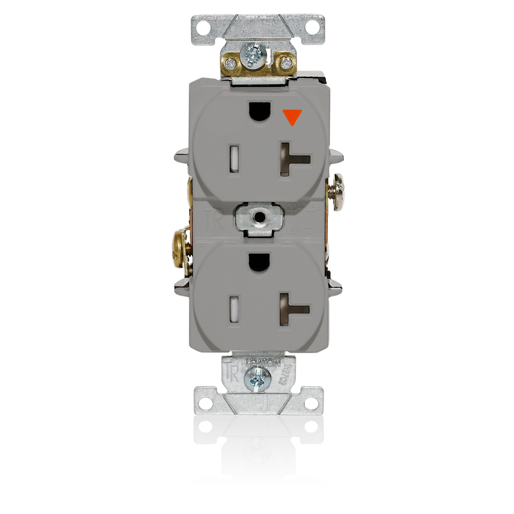 Duplex Receptacle, Tamper-resistant, Isolated Ground, 2-Pole 3-Wire Grounding, NEMA 5-20R, 20A-125V Flat Face, Back And Side Wired, Gray. 1-piece Ground.