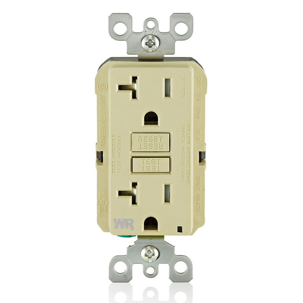Self-Test Tamper Resistant, Weather Resistant GFCI Receptacle. Nema 5-20R 20A-125V At Receptacle, 20A-125V Feed-through - Ivory With Ivory Test And Reset Buttons