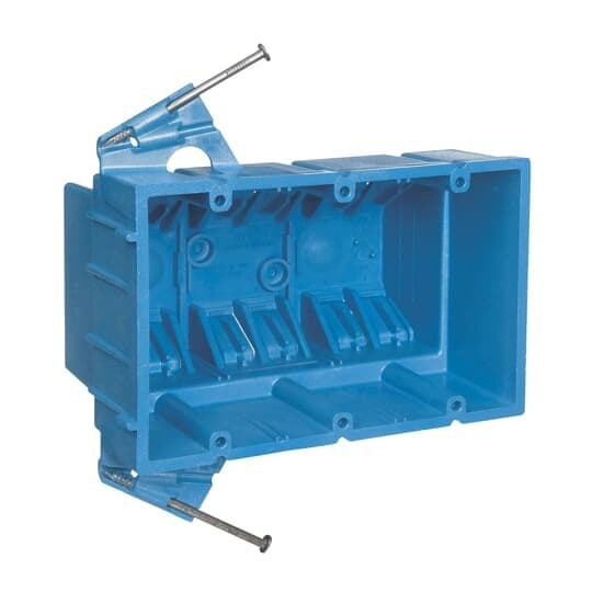 Three-Gang New Work Outlet Box, Volume 53 Cubic Inches, Length 3.53 Inches, Width 5.66 Inches, Depth 3.50 Inches, Color Blue, Material PVC, Mounting Means Nails