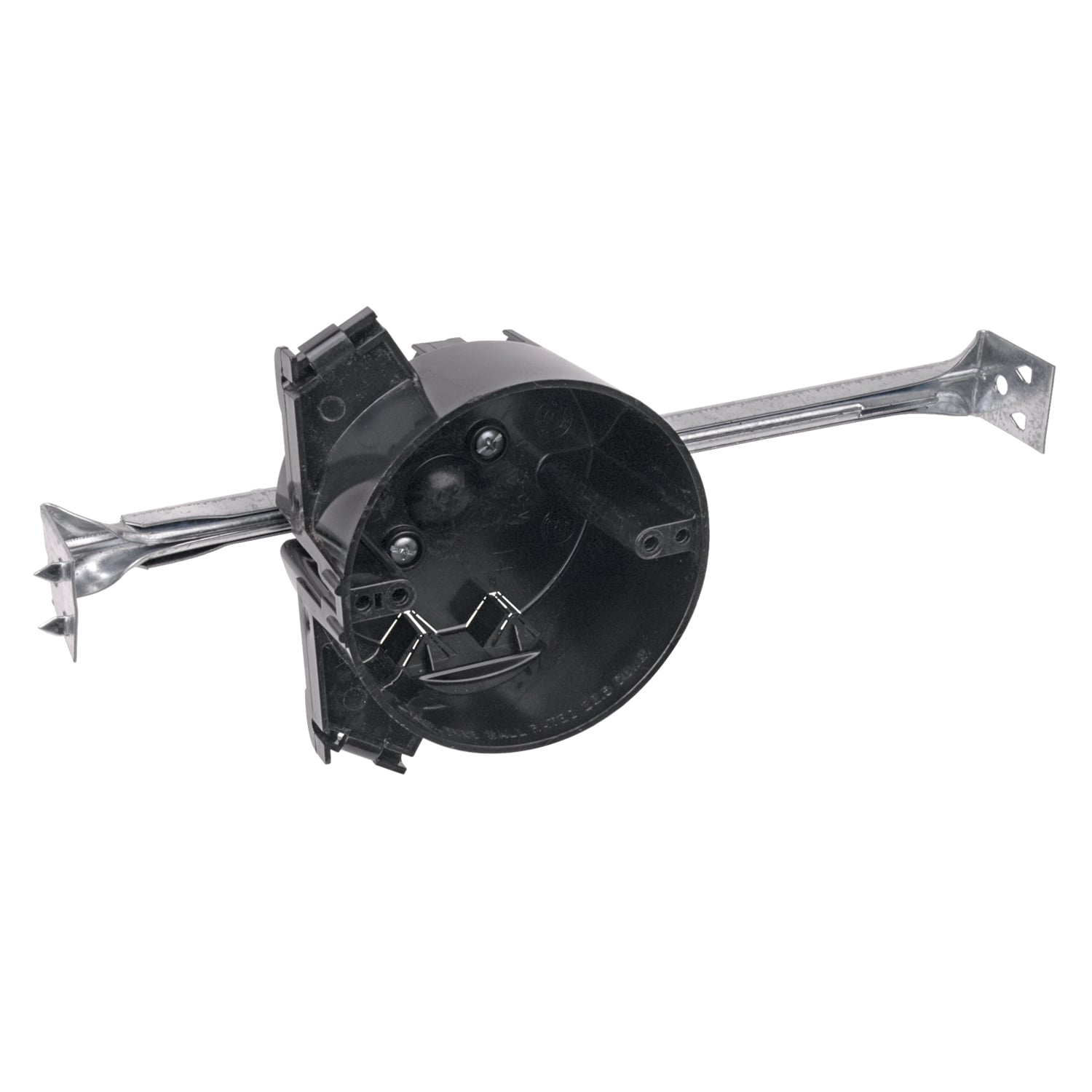 Round Ceiling Box, Volume 22.5 Cubic Inches, Diameter 4 Inches, Depth 2-1/2 Inches, Color Black, Material Polycarbonate, Mounting Means 16 Inch Bar Hanger 12-1/4 Inch Minimum to 19 Inch Maximum, with V Clamp