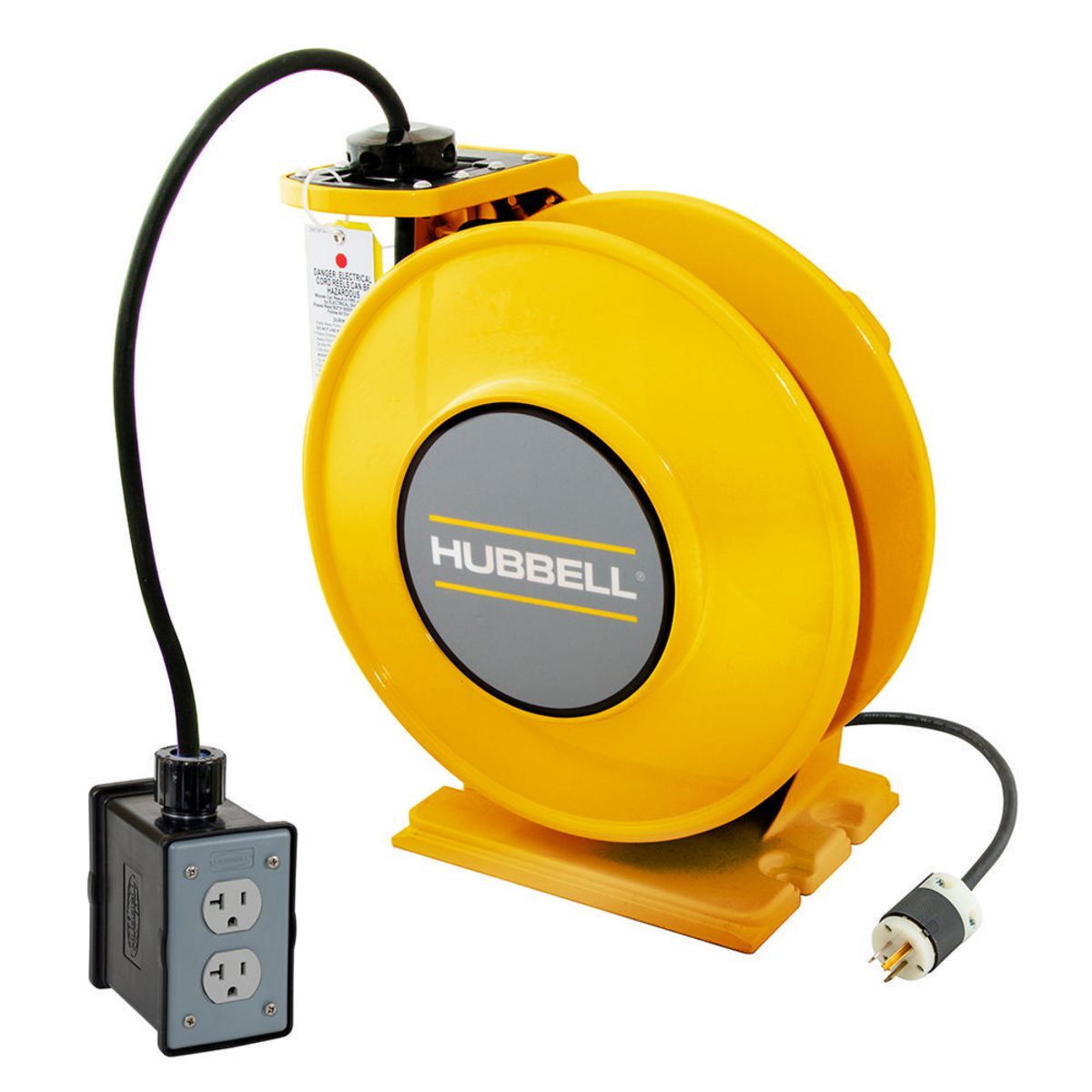 Yellow Industrial Reel with Black Portable Outlet Box and (2) 20A Duplex Receptacles, UL Type 1, 25 Ft, #12/3 SJO, 20 A, 125 VAC