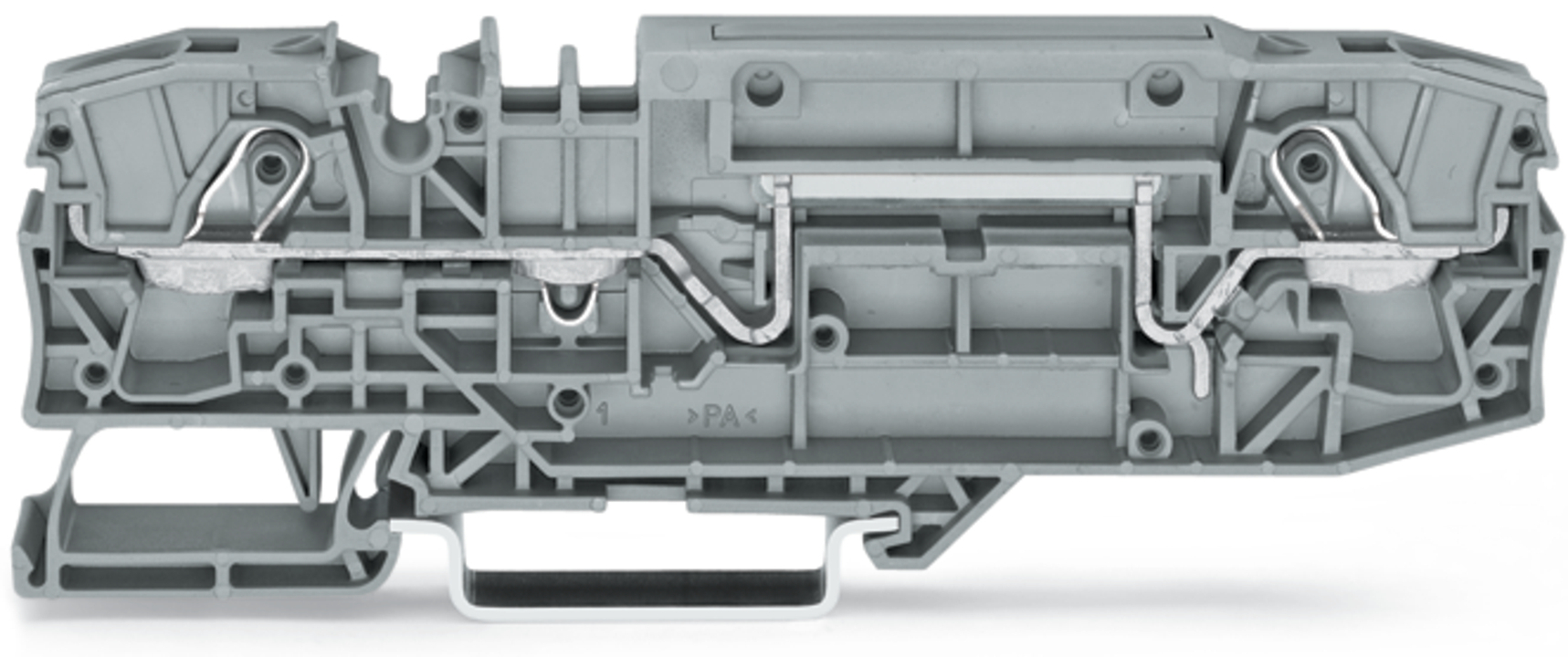 2-conductor through terminal block; 6 mm; with test option; same profile as 2-conductor disconnect terminal block; side and center marking; for DIN-rail 35 x 15 and 35 x 7.5; Push-in CAGE CLAMP; 6,00 mm; gray