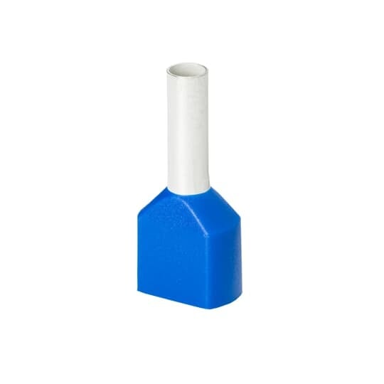 Polypropylene Insulated Twin Ferrule, Length 0.787 Inch/18.5mm, Pin Length 0.394 Inch/10mm, Pin Diameter 0.114 Inch/2.9mm, Base Diameter 0.295 Inch/7.5mm, Conductor Range 2x14 AWG/2x2.5mm2, Color Blue, Copper, Tin Plated