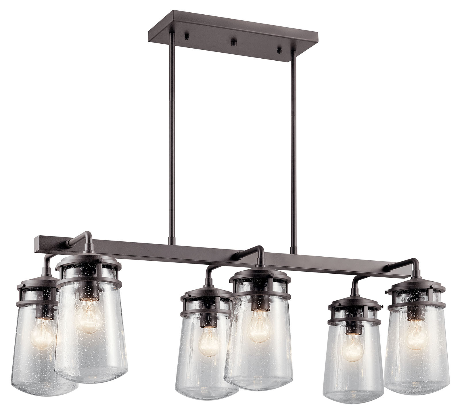 This 6 light outdoor chandelier from the Lyndon(TM) collection combines a simple streamline design with an emphasis on traditional details. Featuring a beautiful Architectural Bronze finish and Clear Seeded Glass, this fixture can effortlessly blend with your existingdacor.