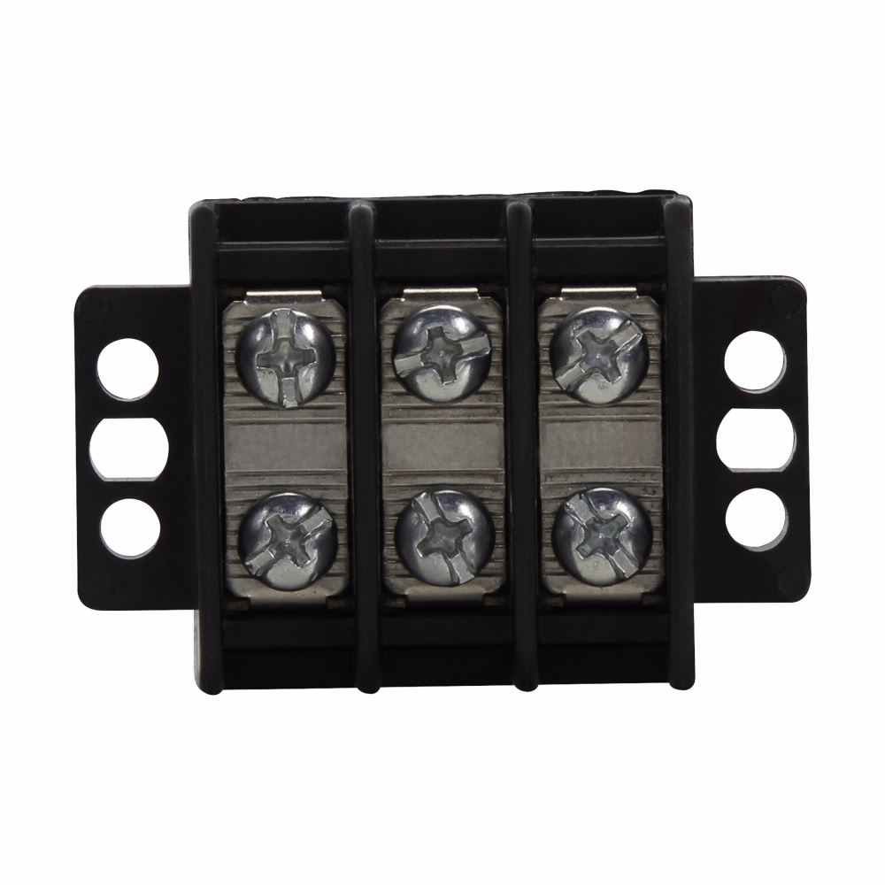 Eaton Bussmann TB200 series panel mount terminal block connector, Breakdown voltage 4800V, 600V, 30A, Double row, high barrier, Three-pole, #6-32 TPI Screw, Screw, Black, Tin-plated brass terminal, Zinc-plated Steel philslot screw