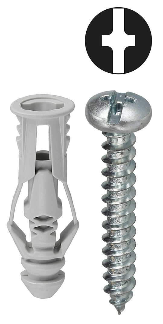 Anchor Kit, #8 x 1-1/4 IN Size, 201 pieces, Nylon material, 1/4 in. drill size, includes (100) #8 x 1-1/4 IN Phillips/Slotted Head Sheet Metal Screw and (100) #8 Gray Triple Grip Anchor and (1) Carbide Masonry Drill