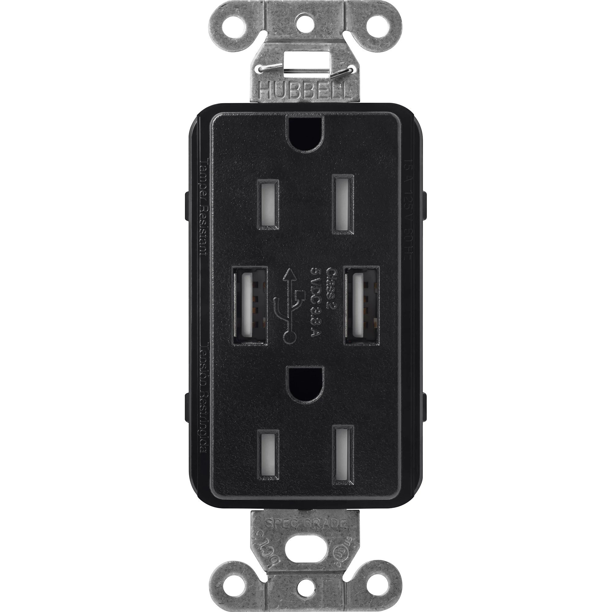 Lutron Claro USB Type A 2.0 Duplex Receptacle, 15 Amp, Midnight
