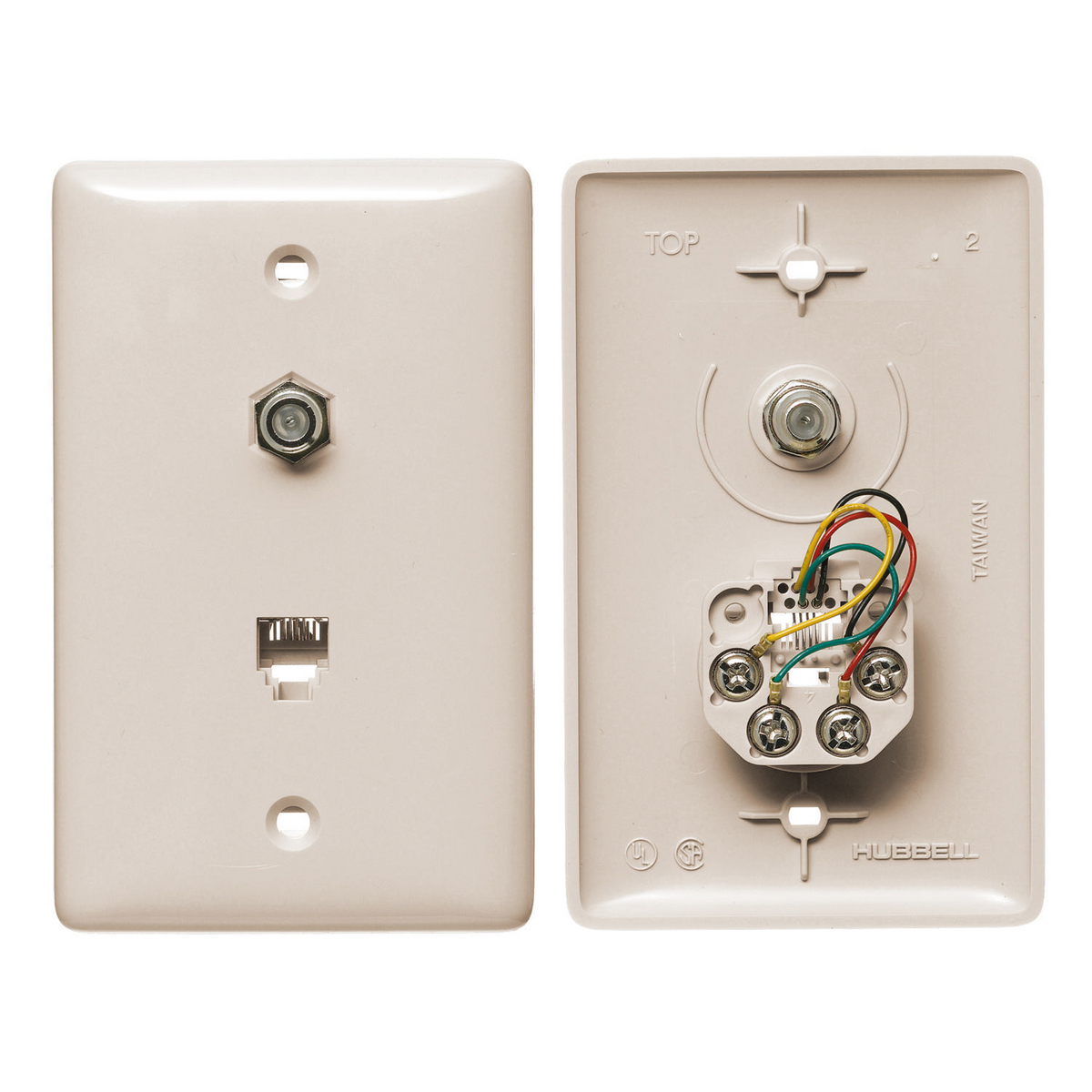 Plates, 1-Gang, With F Connector, Jack, 6-Position 4-Conductor, Screw Terminal, Light Almond