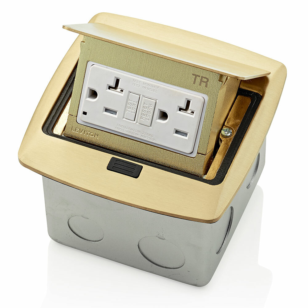 Pop-Up Floor Box with 20 Amp, 125 Volt Receptacle Outlet, 20 Amp Feed-Through, Tamper-Resistant, Self-Test SmartlockPro GFCI that is pre-wired to terminal block - Brass