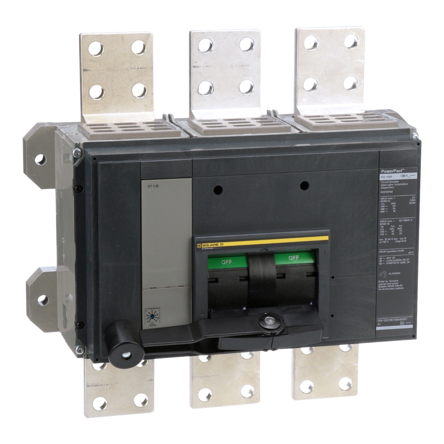 Circuit breaker, PowerPacT R, 1600A, 3 pole, 600VAC, 18kA, busbar, ET 1.0I, 80%