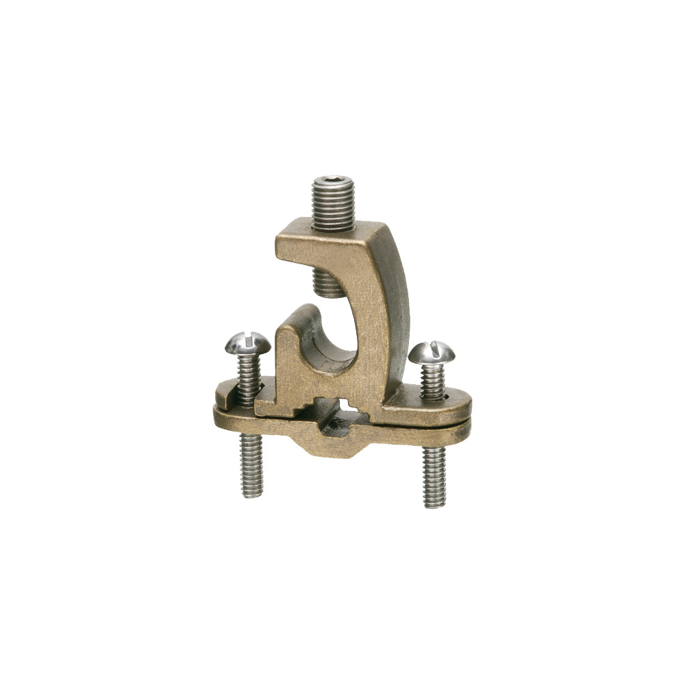 Solid Bronze with stainless steel screws, bare wire ground clamp with lay-in lug. pipe size - 3/8" to 1", Wire Size - #8 to 4/0. Approved for direct burial on rebar pipe, tubing and rod.