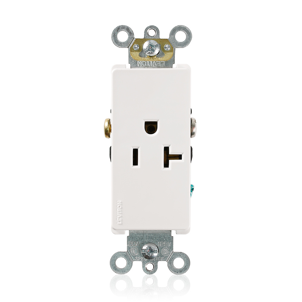20 Amp, 125 Volt, NEMA 5-20R, 2P, 3W, Decora Plus Single Receptacle, Straight Blade, Commercial Grade, Self-Grounding, , , Side Wired, Steel Strap, - White