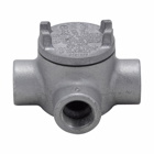 Eaton Crouse-Hinds series Condulet GUA conduit outlet box with cover, 3" cover opening diameter, Feraloy iron alloy, T shape, 1/2"