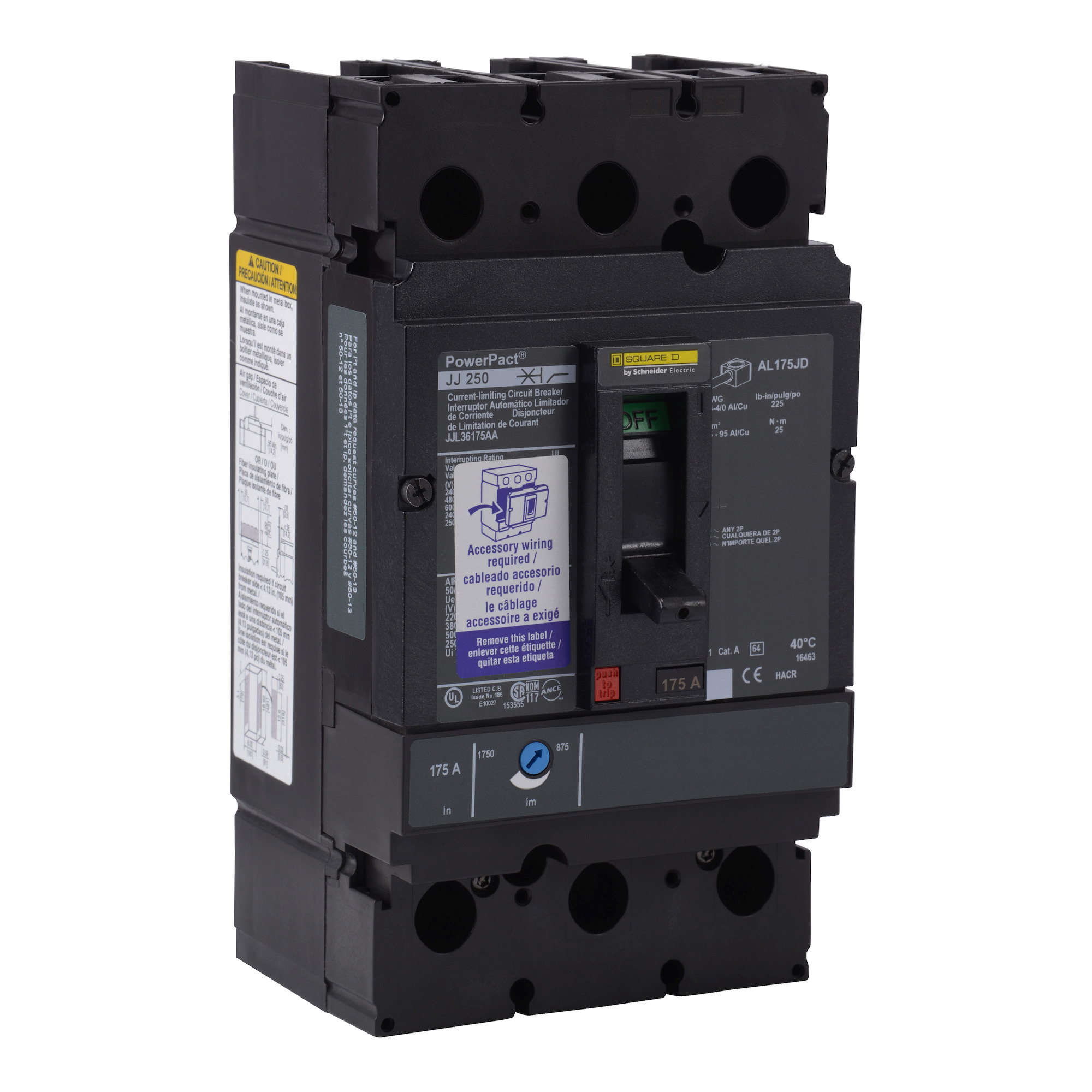 Circuit breaker, PowerPact J, 225A, 3 pole, 600VAC, 25kA, lugs, thermal magnetic, 80%, aux