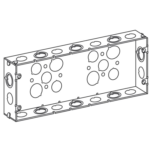 Boxes, Multigang Switch, Appleton, Type: 1-7/8" deep with knockouts, five gang, welded, Dimensions: 12-5/16" x 4-9/16", Volume: 94.8 Cubic Inch, Sides Knockout: 8@1/2", 6@Eccentric, Bottom Knockout: 6@1/2", 4@3/4", UL Standard: 514A, UL Listed: E2527, NEM