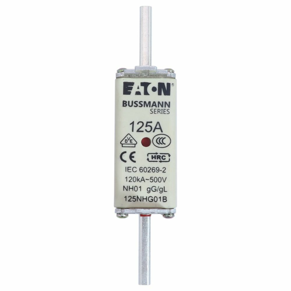 Eaton Bussmann series low voltage NH Fuse, Live gripping lug, 500V, 125A, 120 kAIC, Combination fuse status indicator, fuse, Blade end connection, Class C gL/gG, Square-body with knife blade contact, Ceramic body