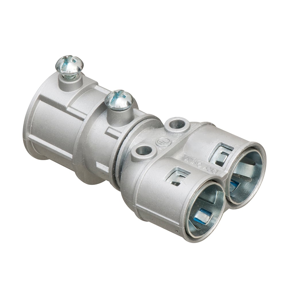 Snap2It duplex zinc diecast couplings save time and money by allowing an installer to easily transition from 3/4 inch EMT to 3/8 inch trade size flexible metal cables.