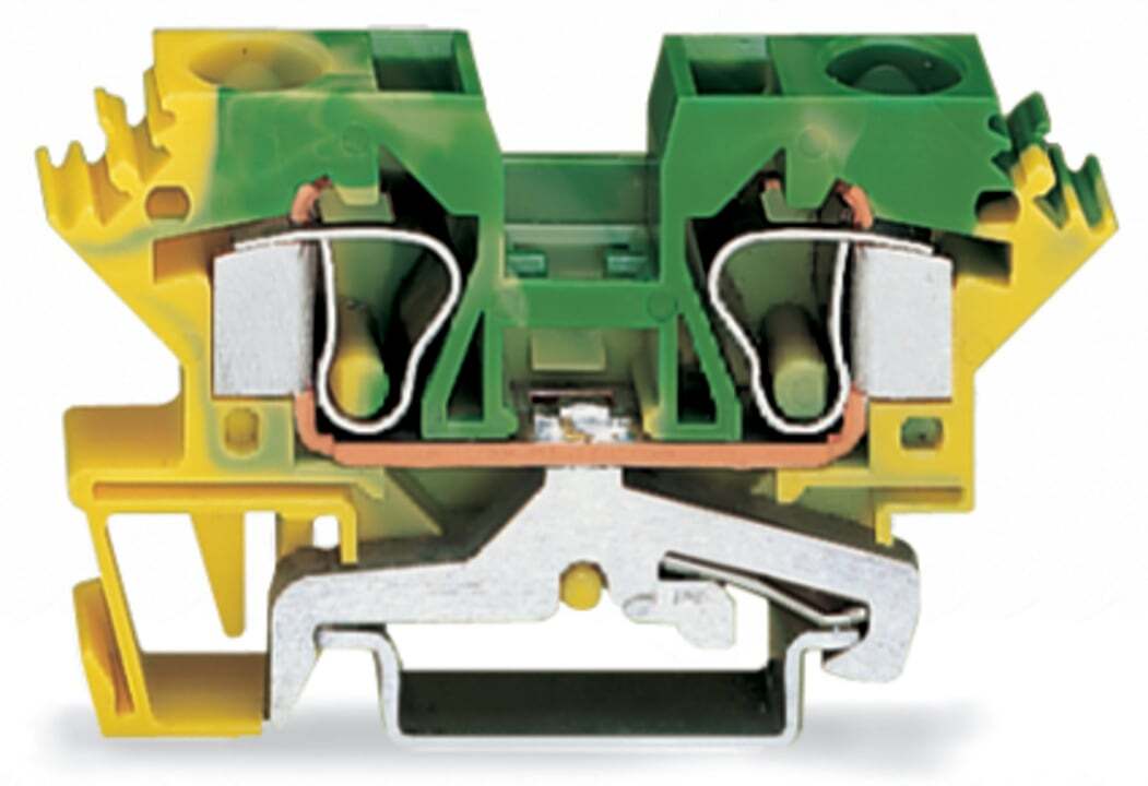 2-conductor ground terminal block; 10 mm; suitable for Ex e II applications; lateral marker slots; for DIN-rail 35 x 15 and 35 x 7.5; CAGE CLAMP; 10,00 mm; green-yellow