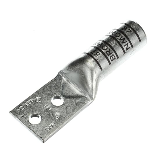 Copper Two-Hole Lug, Long Barrel, Blind End, Max 35kV, Wire Size 500 kcmil, 3/8 Inch Bolt Size, 1 Inch Hole Spacing, Tin Plated, Die Color Code Brown, Die Code 87