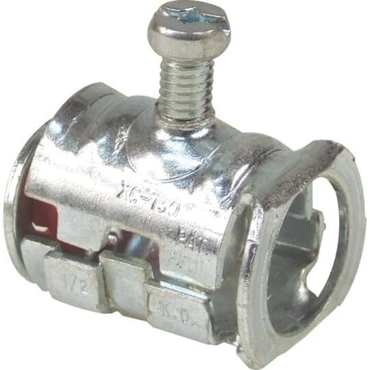 Cable Lok Set Screw Connector, Size Range 0.450 Inch - 0.610 Inch or 1/2 Inch Knockout, AC Steel 14/2 14/3 14/4 12/2 12/3 12/4 10/2, AC Aluminum Interlocked 14/2 14/3 14/4 12/2 12/3 12/4 10/2, MC (I) Steel 14/2 14/2 14/4 12/2 12/3 12/4 10/2 10/3, MC (I) Aluminum 14/2 14/3 14/4 12/2 12/3 12/4, Flex RW 3/8 Inch Steel and Aluminum 10/2 10/3, Material Zinc Plated Steel with Nylon Insulator