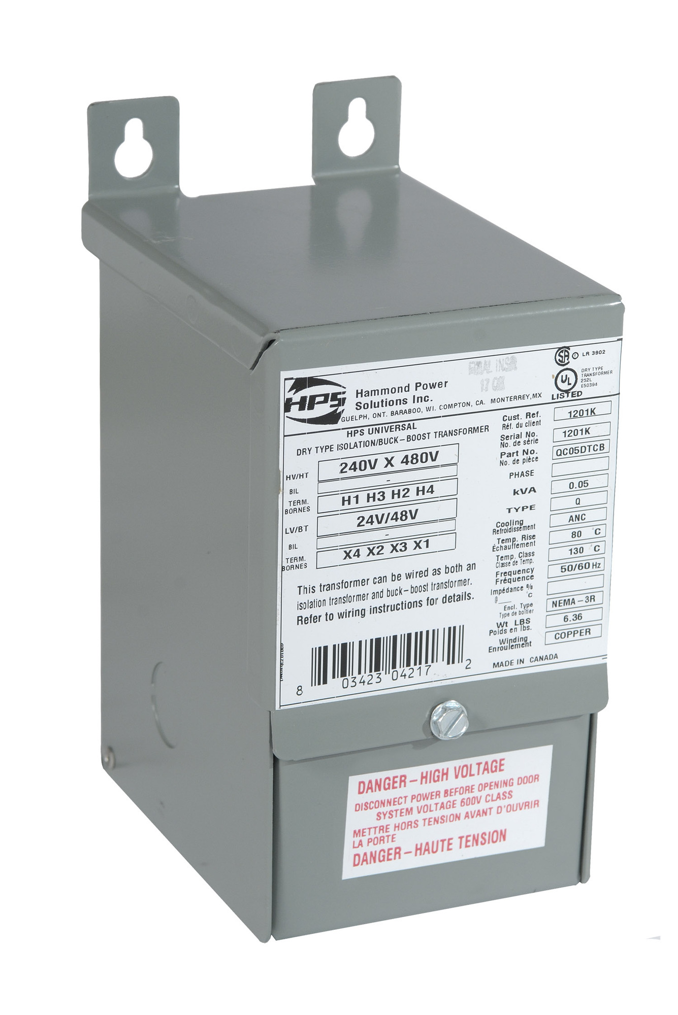 Buck-Boost Transformer, 120x240 PV, 12x24 SV