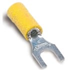Vinyl-Insulated Fork Terminal, Length 1.09 Inches, Width .38 Inches, Maximum Insulation .210, Bolt Hole #10, Wire Range #12-#10 AWG, Color Yellow, Copper, Tin Plated