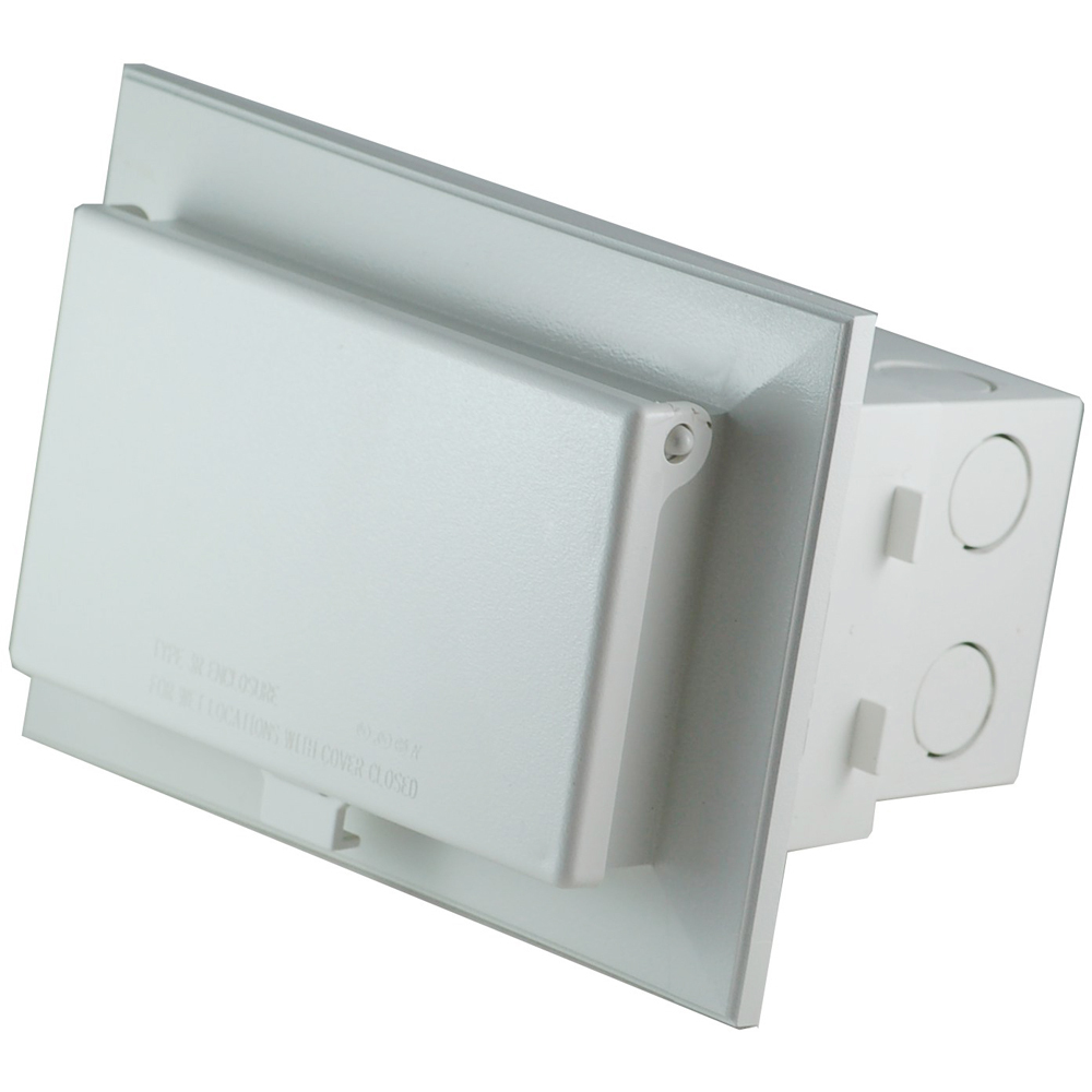 Low profile inbox for new brick construction. Recessed electrical box with weather proof in use cover. Horizontal. White with white cover.