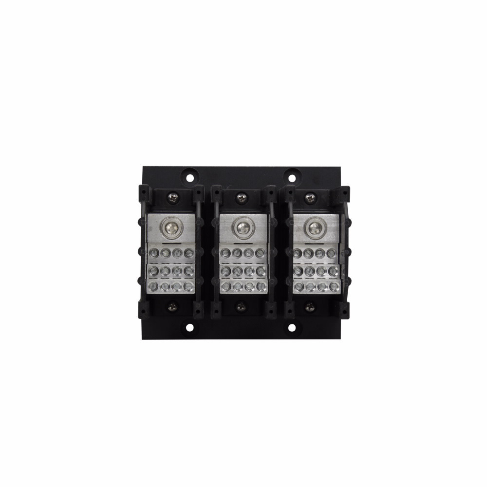 Eaton Bussmann series PDB power distribution block, IP-20 Finger-safe, 600 Vac, 600 Vdc, 310A, Power distribution block, Three-pole, SCCR: 200 kA (8 To 4 AWG), 100 kA (14 To 4 AWG), Panel, Tin-plated aluminum connectors