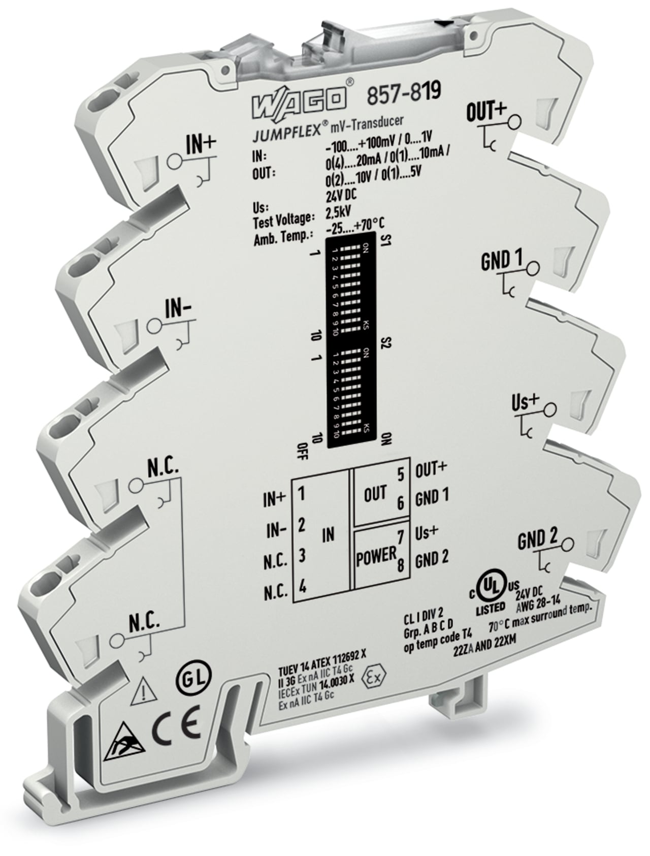 Voltage signal conditioner; Bipolar voltage input signal; Current and voltage output signal; Configuration via software; Supply voltage: 24 VDC; 6 mm module width; 2,50 mm