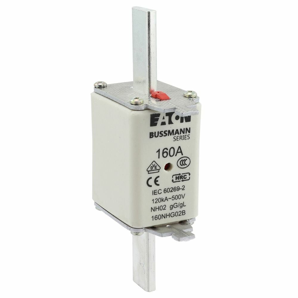 Eaton Bussmann series low voltage NH Fuse, Live gripping lug, 500V, 160A, 120 kAIC, Combination fuse status indicator, fuse, Blade end connection, Class C gL/gG, Square-body with knife blade contact, Ceramic body