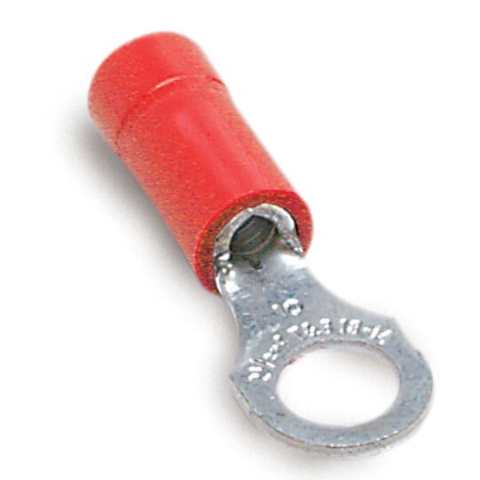 Vinyl-Insulated Ring Terminal, Length .94 Inches, Width .25 Inches, Maximum Insulation .150, Bolt Hole #6, Wire Range #22-#18 AWG, Color Red, Copper, Tin Plated