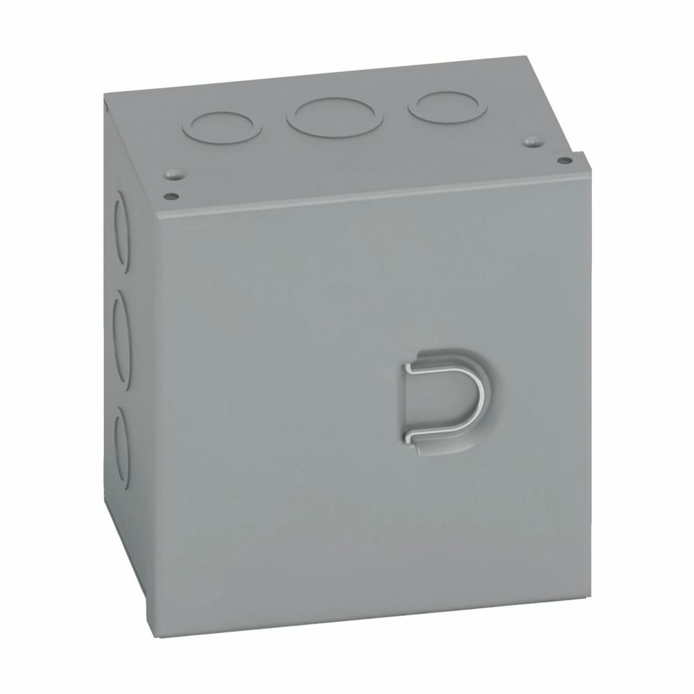 Eaton B-Line series Type 1 junction boxes, 12" height, 6" length, 12" width, NEMA 1, Hinged cover, HC enclosure, Surface mounted, Small single door, 5 top-bottom knockouts,5 side knockouts, Thru holes, Carbon steel