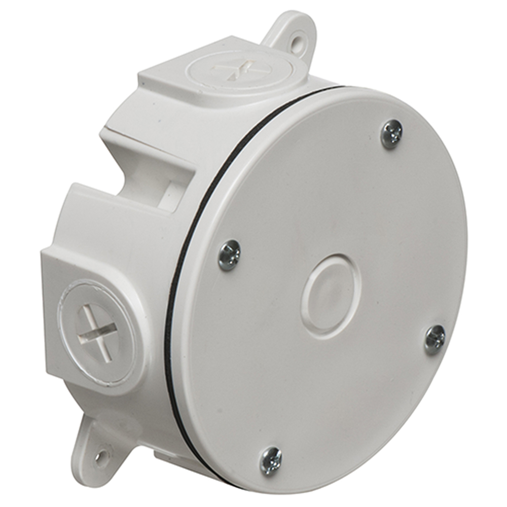 White non metallic box with 21.8 cu. in. Comes with (4) 3/4" NPT plugs. (2) 1/2" to 3/4" reducing bushings and (2) #12x3 " screws.