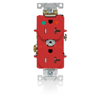 Duplex Receptacle, Tamper-Resistant, Hospital Grade, Isolated Ground, 2-Pole 3-Wire Grounding, NEMA 5-20R, 20A-12V. Flat Face, Back And Side Wired, Red. 1-piece Ground-Contractor Pack