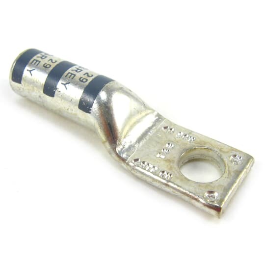 Copper One-Hole Lug, Long Barrel, Blind End, Max 35kV, Wire Size #4 AWG, 3/8 Inch Bolt Size, Tin Plated,  Die Code 29, Die Color Code Gray