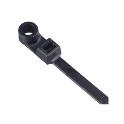 Integrated Mounting Hole Heavy-Duty Cable Tie, Black Polyamide (Nylon 6.6) for Temperatures up to 85 Degrees Celsius (185 F) for Indoor Applications, Length of 382mm (15 Inches), Width of 7.6mm (0.3 Inch), Thickness of 1.8mm (0.07 Inch), Tensile Strength Rating of 540 Newtons (120 Pounds), #10 Screw for Mounting, 100 Pack