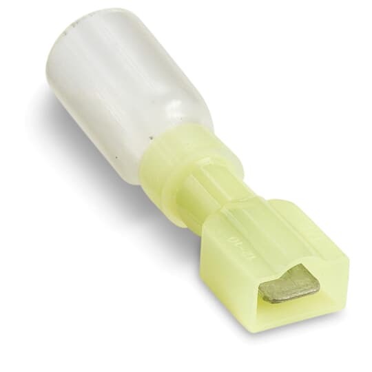 Heat-Shrinkable Fully Insulated Male Tab, Length 1.80 Inches, Maximum Insulated .250, Tab Size .250x.032, Wire Range #12-#10 AWG, Color Yellow, Copper, Tin Plated