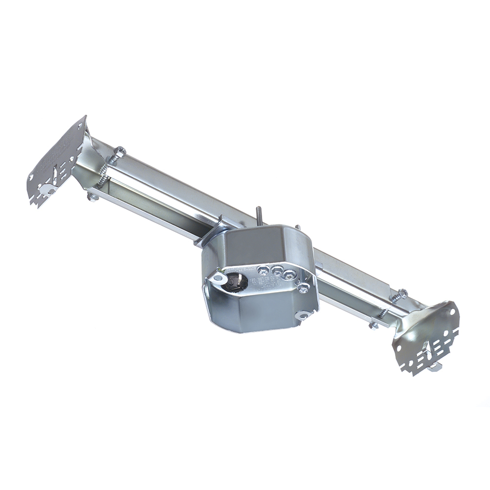 Steel fan and fixture box with adjustable mounting bracket for new construction. 16" to 24" on center positioning. Bracket pre-set and 1/2" ceiling thickness. Bend Bracket along the score lines for 3/4", 1", 1-1/4" ceiling depths. 15.6 cu. in.