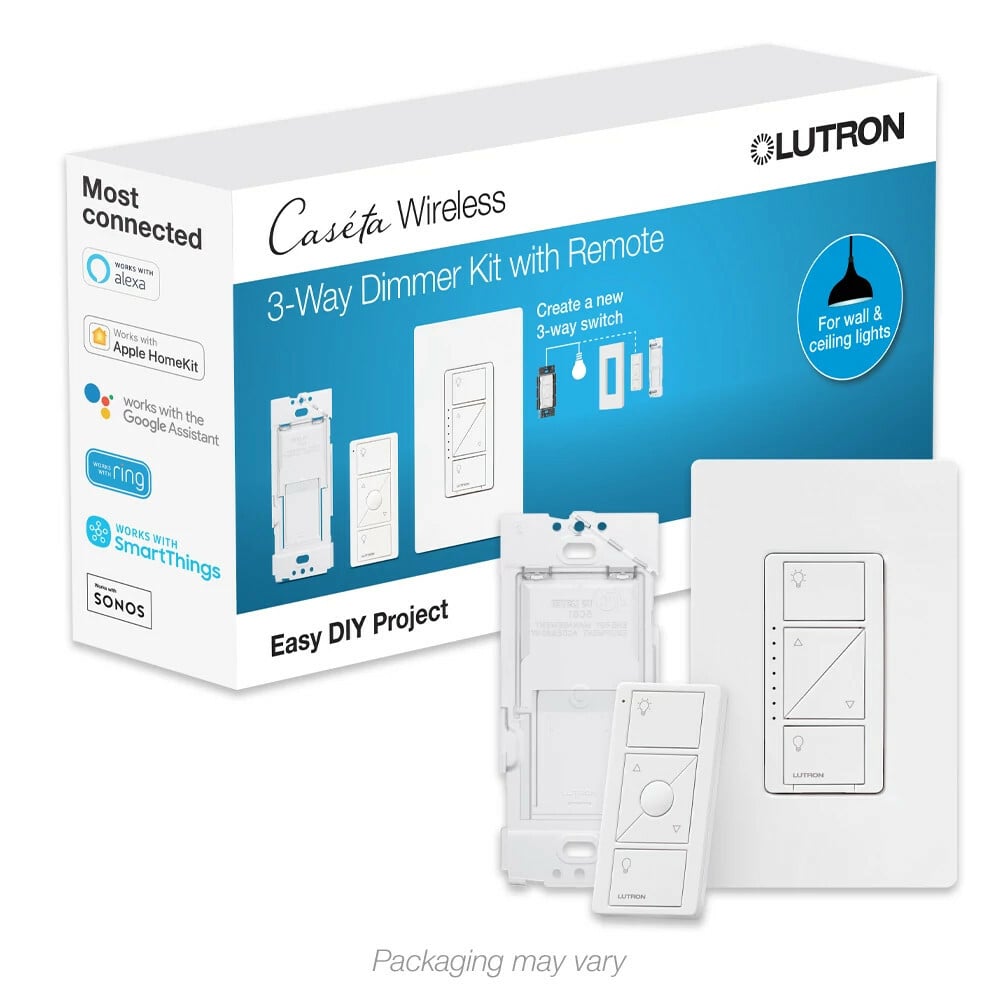 Lutron Caseta Smart Dimmer Switch Kit with Remote, 3-Way (2 Points of Control), Works with Alexa, Apple HomeKit, and the Google Assistant, White