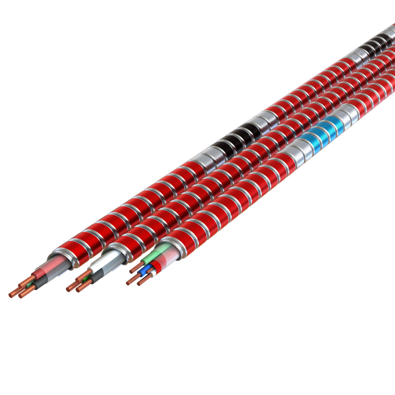 16-2 BK RD GN MC Glide Fire Alarm/Control Cable - Dual Rated - Type MC/FPLP, Red Interlocked Galvanized Steel Armor with black stripe, 250' Coil,