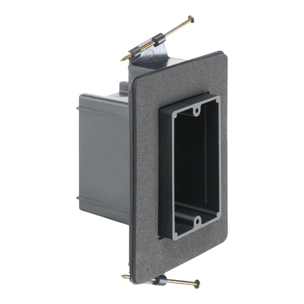 Versatile non conductive outlet box for new construction, single gang screw on. 22 cu inches.