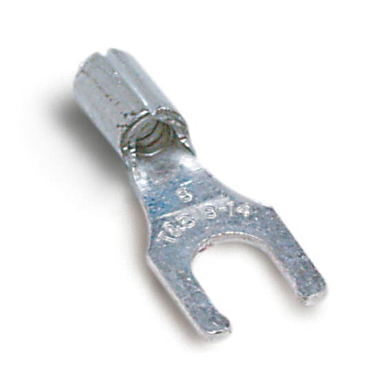 Non-Insulated Locking Fork Terminal, Length .85 Inches, Width .31 Inches, Bolt Hole #6, Wire Range #12-#10 AWG, Copper, Tin Plated