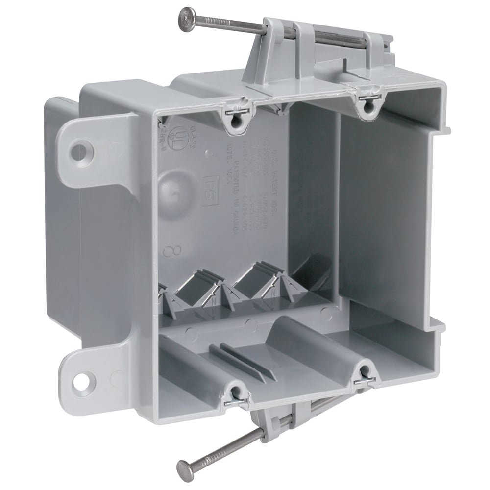 Double Gang Switch and Outlet Box with captive mounting nails on each end and four auto alamps on each end. It is easy toinstall with a rectangular cutout. It is durable and hasanimpact-resistant thermoplastic box. It contains innovative extras that cut installation time. 50 pack