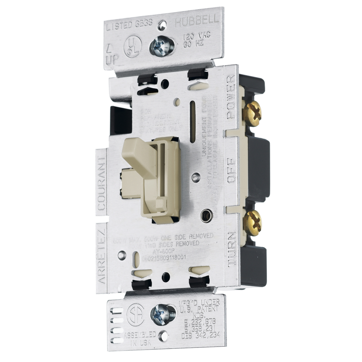 Switches and Lighting Controls, Dimmer, Toggle, Three Way, 600W 120V AC, Ivory